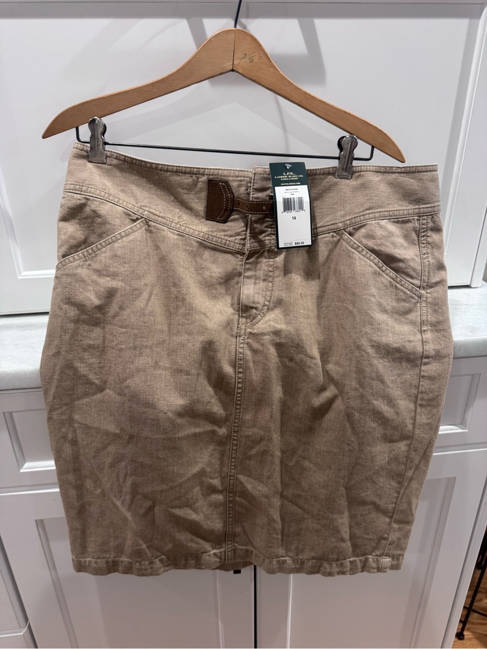 Ralph Lauren Tan Cotton-Blend Midi Pencil Skirt with Leather Tab